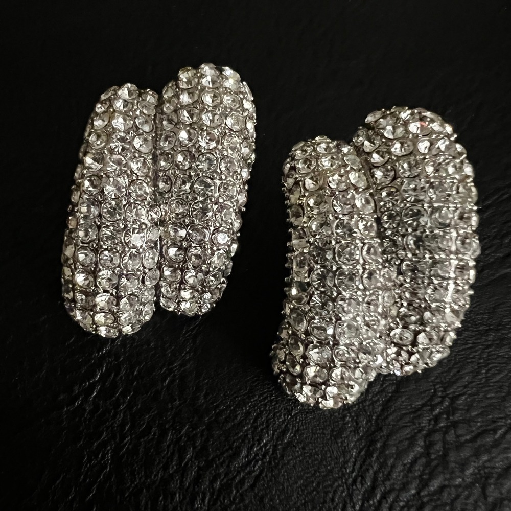 Vintage Silver Rhinestone Pave Chunky Hoop Stud Earrings Glam
